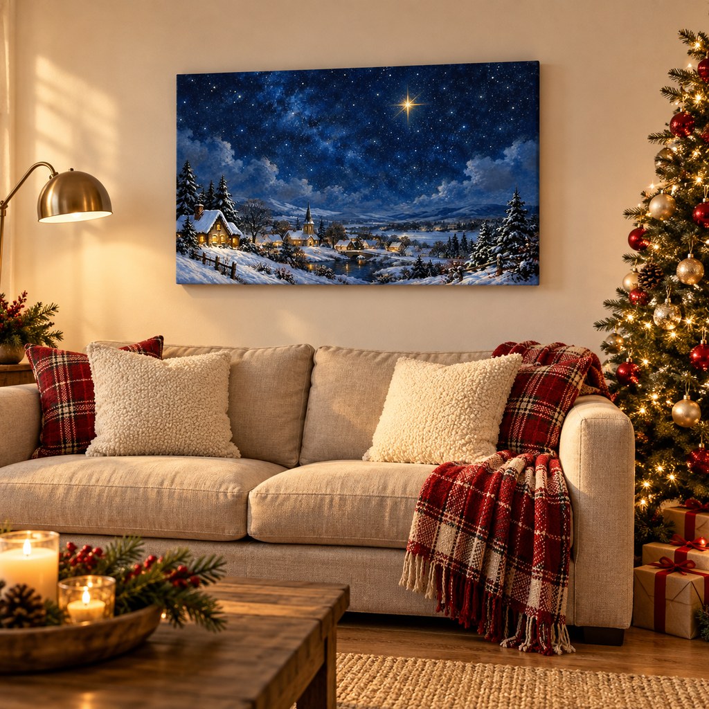 Silent Night Starry Village Landscape Christmas Wall Art