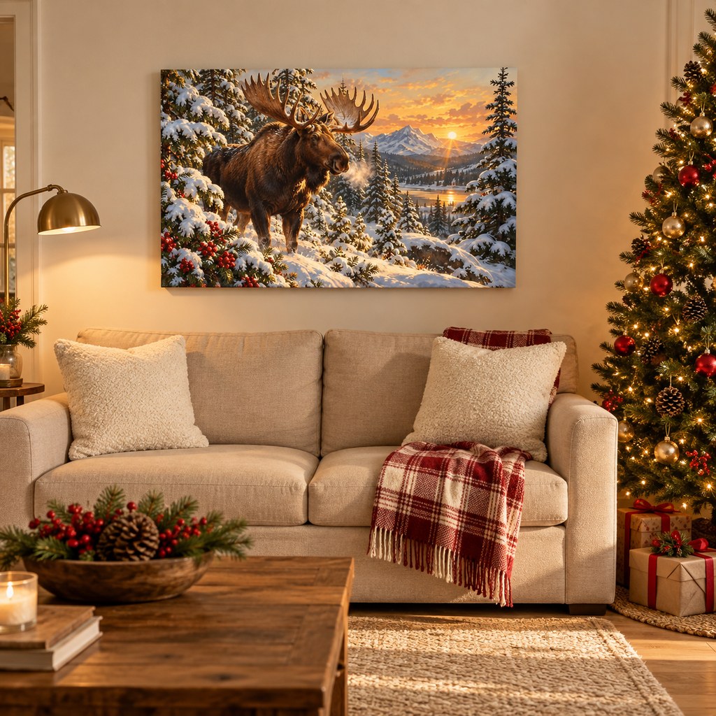 Moose in Snowy Pines Landscape Christmas Wall Art