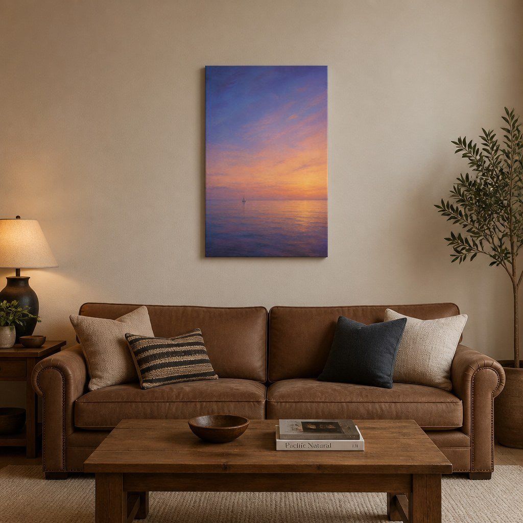 Coastal Sunset Ocean Wall Art - hanging above a sofa in a warm living room