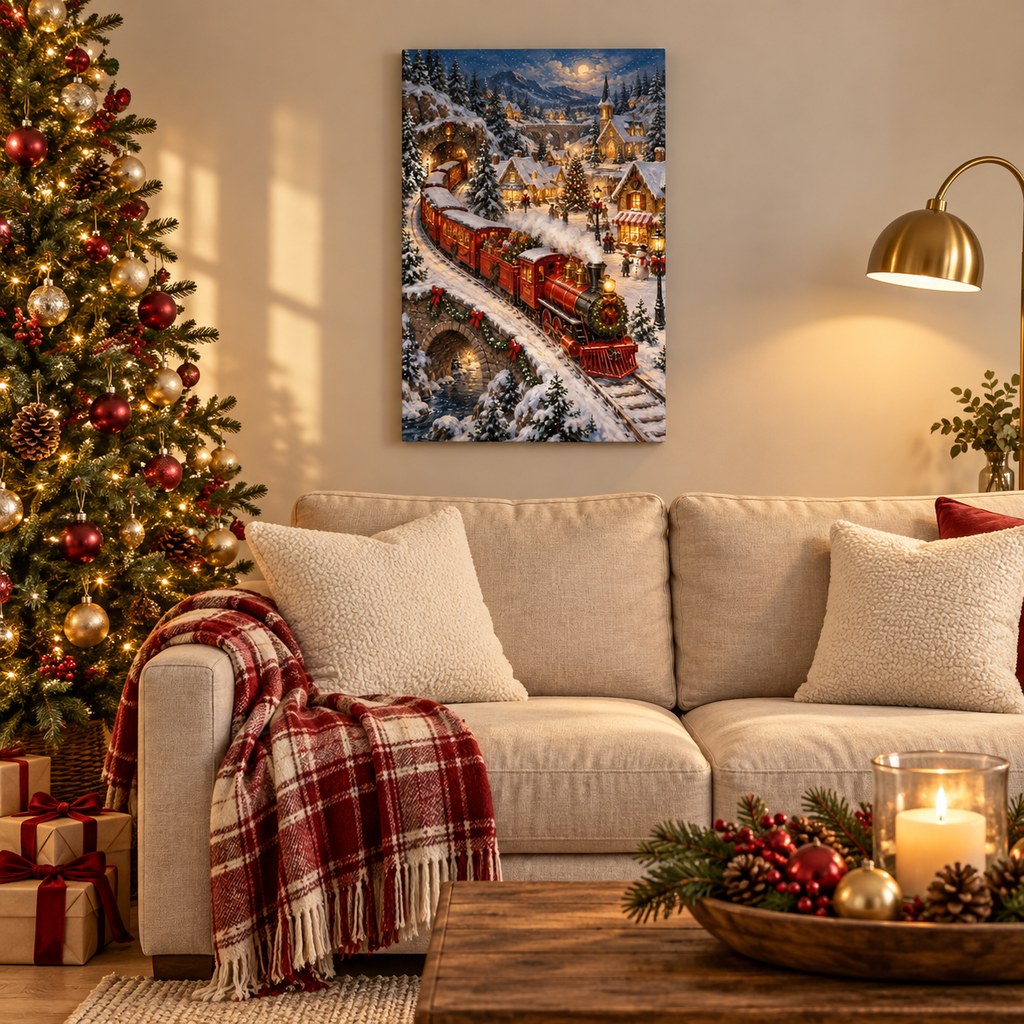 Christmas Train Snowy Village Wall Art
