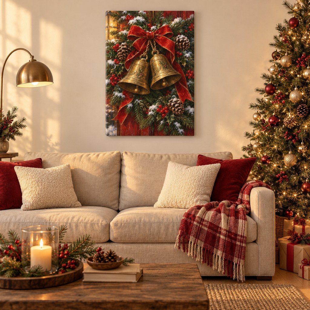 Golden Bells and Evergreen Garland Christmas Wall Art