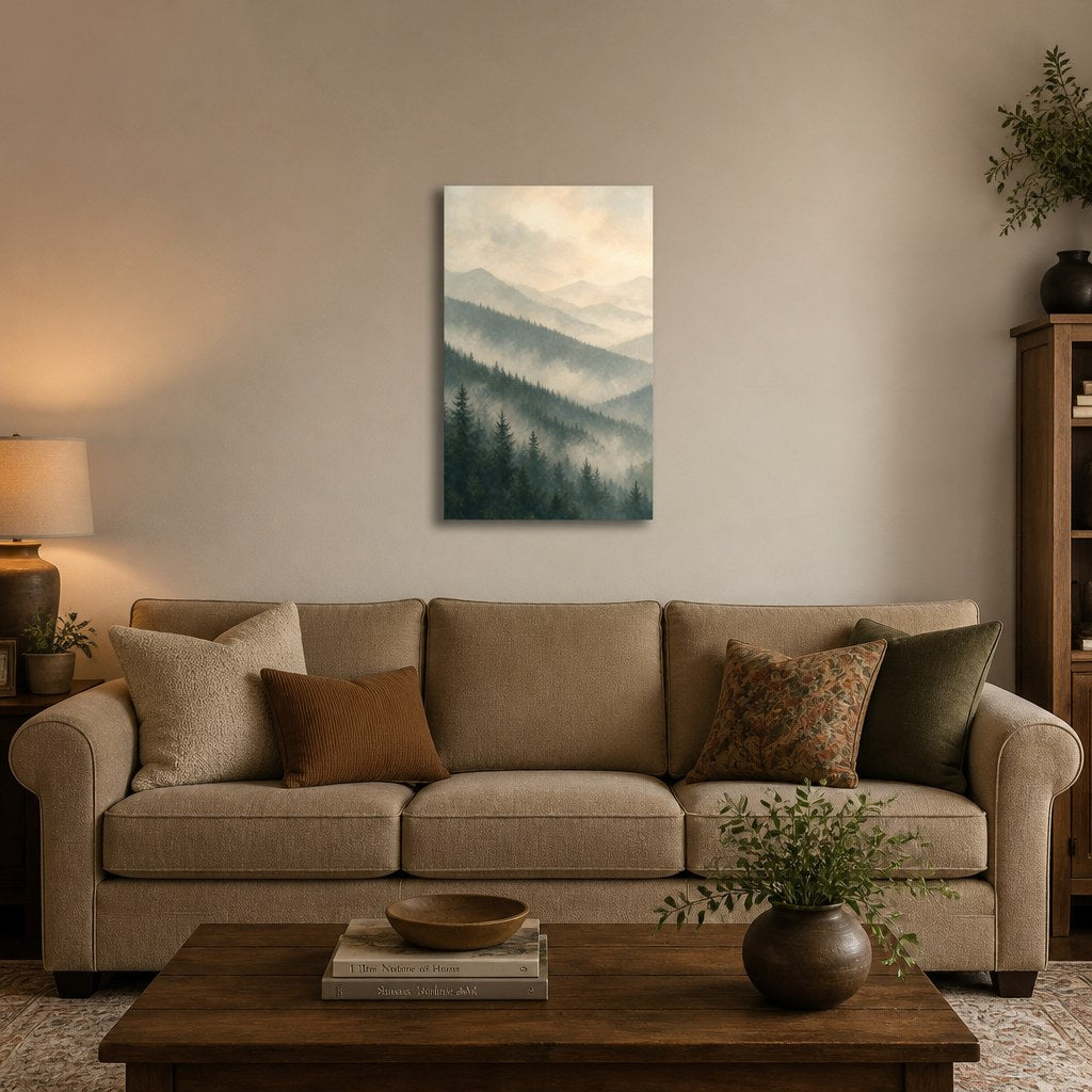 Misty Forest Ridges Landscape Wall Art - hanging above a sofa in a warm living room