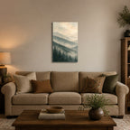Misty Forest Ridges Landscape Wall Art - hanging above a sofa in a warm living room