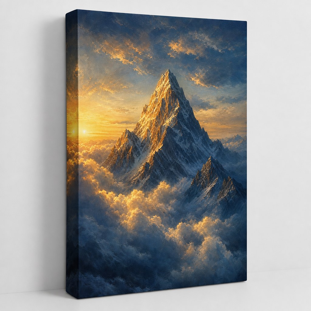 Mountain Peak Above the Clouds Wall Art - unframed gallery-wrapped canvas shown at an angle revealing the wrapped edge