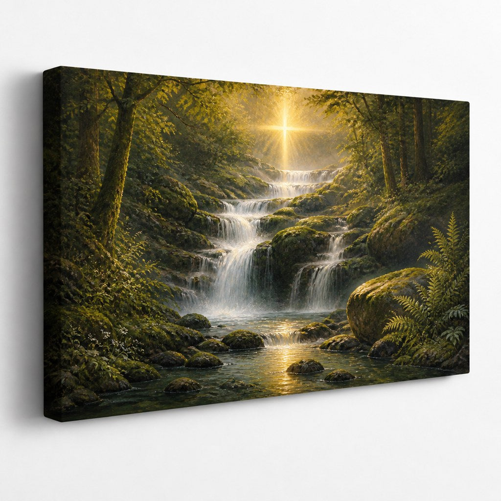 Living Water Christian Wall Art - unframed gallery-wrapped canvas shown at an angle revealing the wrapped edge