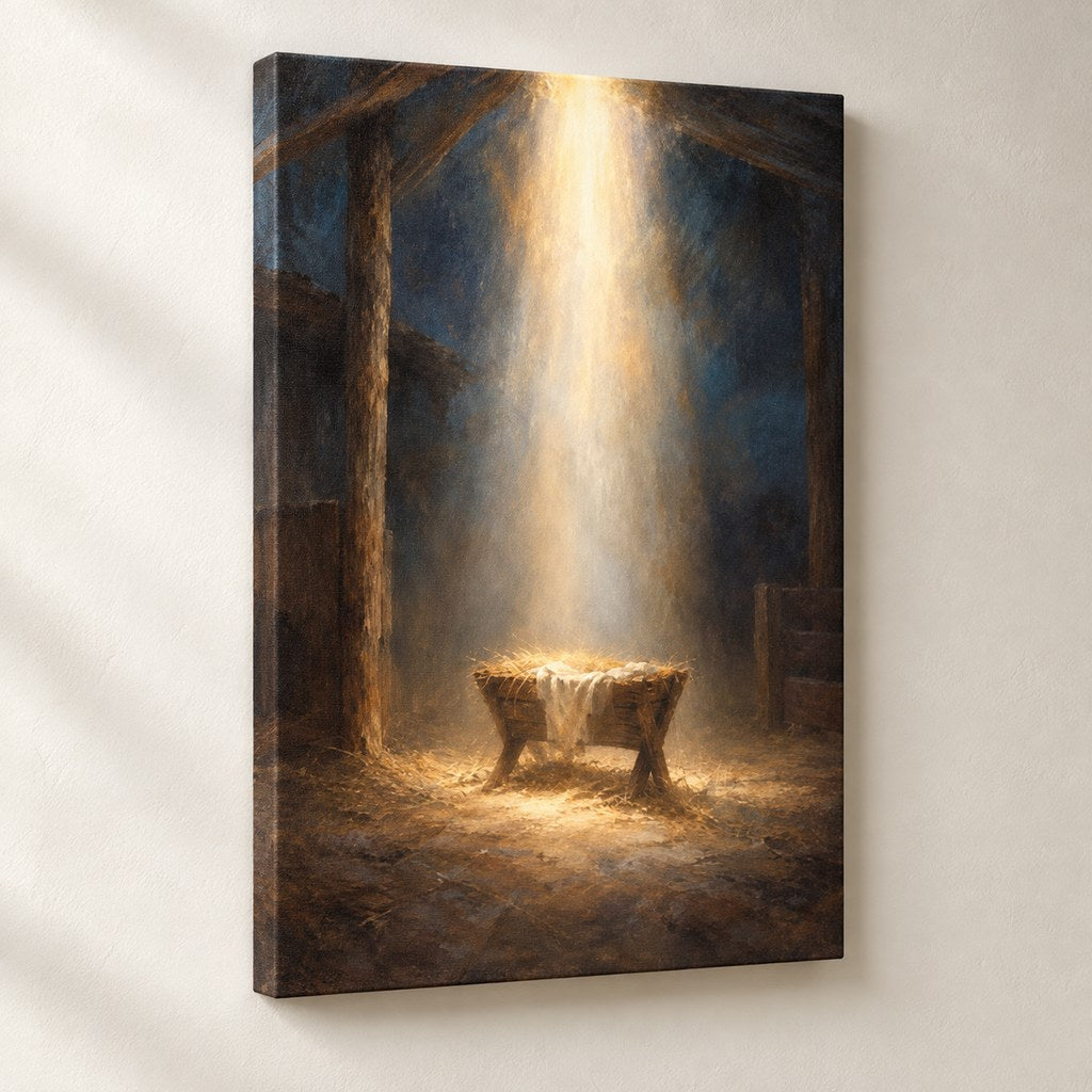 Light Over the Manger Christmas Wall Art — gallery-wrapped canvas print