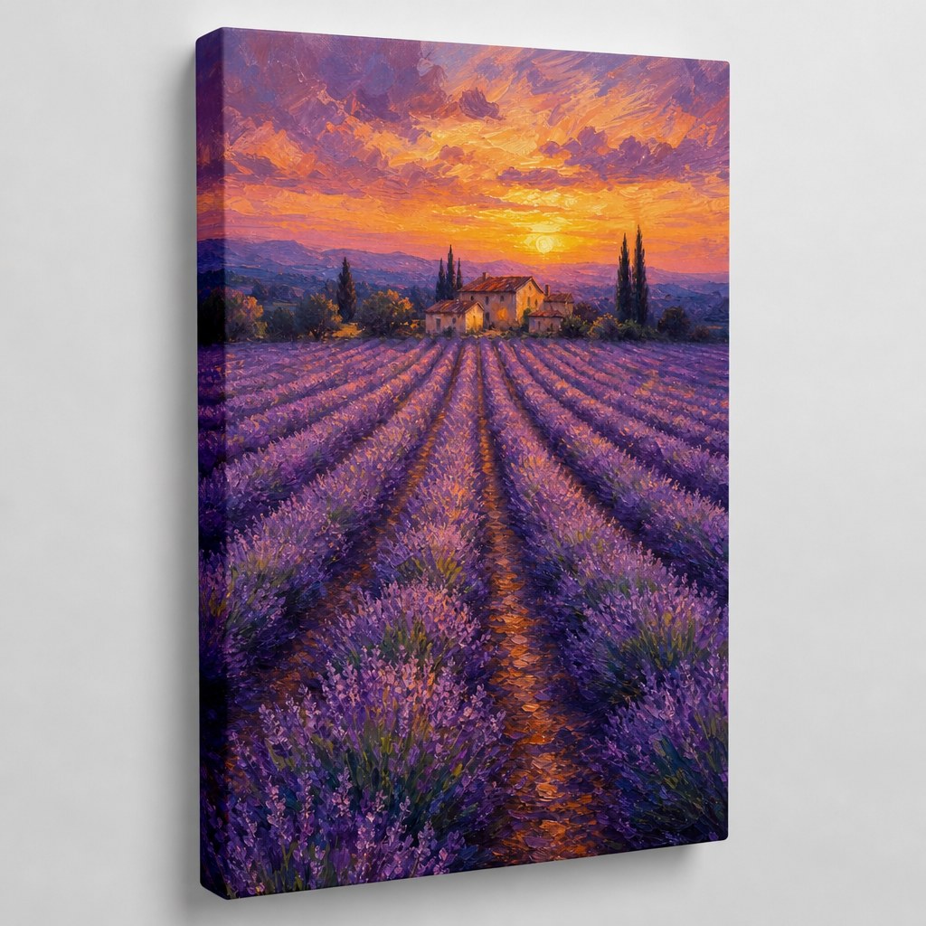 Lavender field at dusk wall art - unframed gallery-wrapped canvas shown at an angle revealing the wrapped edge