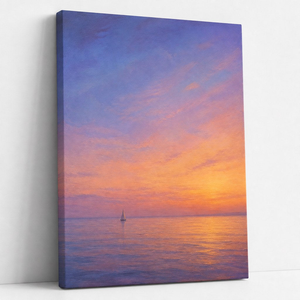 Coastal Sunset Ocean Wall Art - unframed gallery-wrapped canvas shown at an angle revealing the wrapped edge