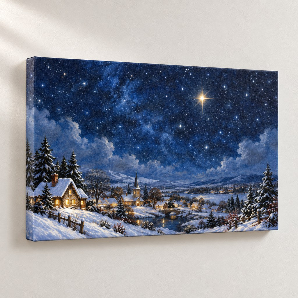 Silent Night Starry Village Landscape Christmas Wall Art — gallery-wrapped canvas print