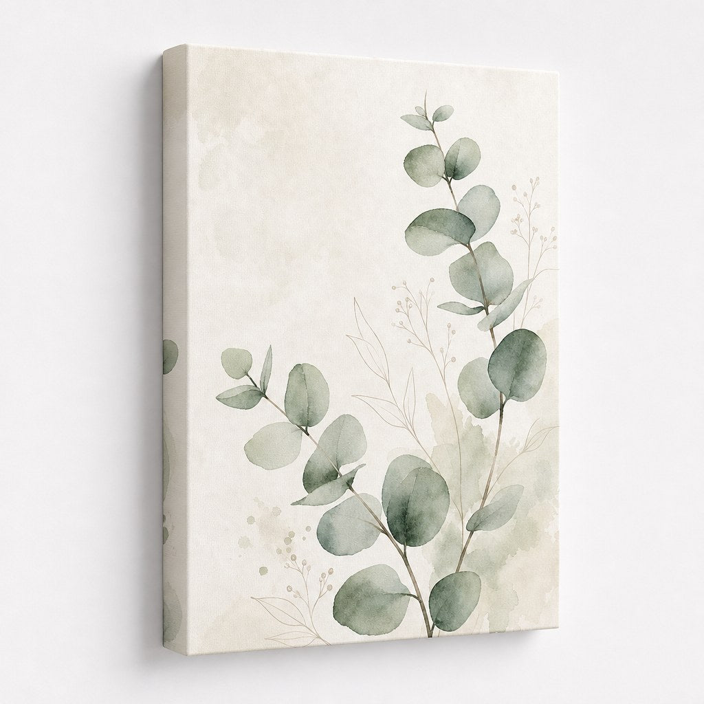 Minimalist Eucalyptus Wall Art - unframed gallery-wrapped canvas shown at an angle revealing the wrapped edge