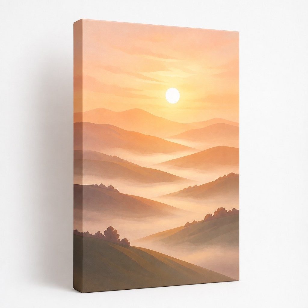 Sunrise Over Hills Minimalist Wall Art - unframed gallery-wrapped canvas shown at an angle revealing the wrapped edge