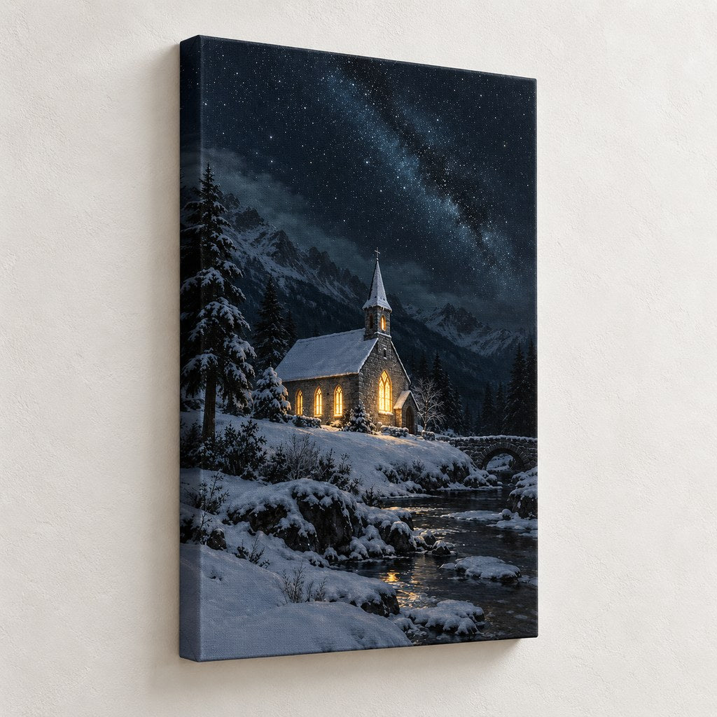 Snowy Church on a Starry Night Christmas Wall Art — gallery-wrapped canvas print