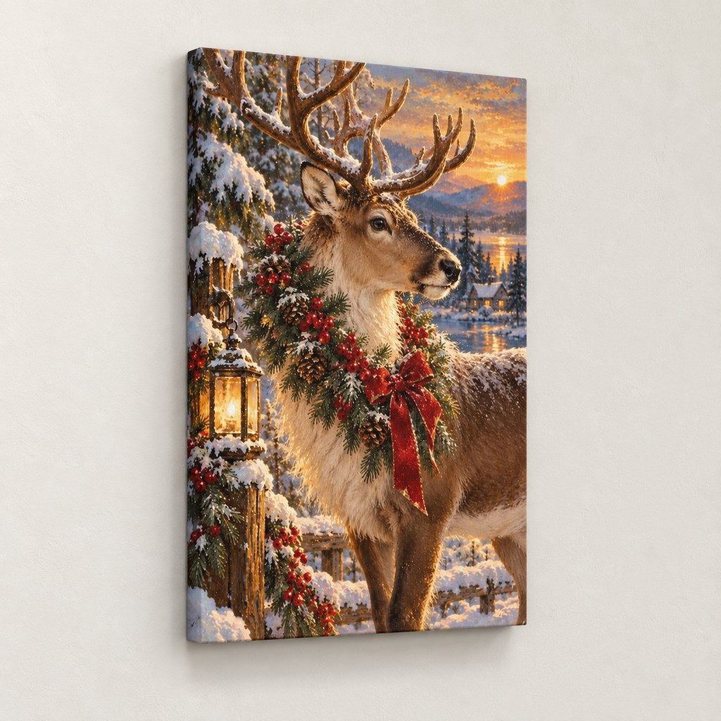 Reindeer with Berry Wreath and Lantern Christmas Wall Art — gallery-wrapped canvas print