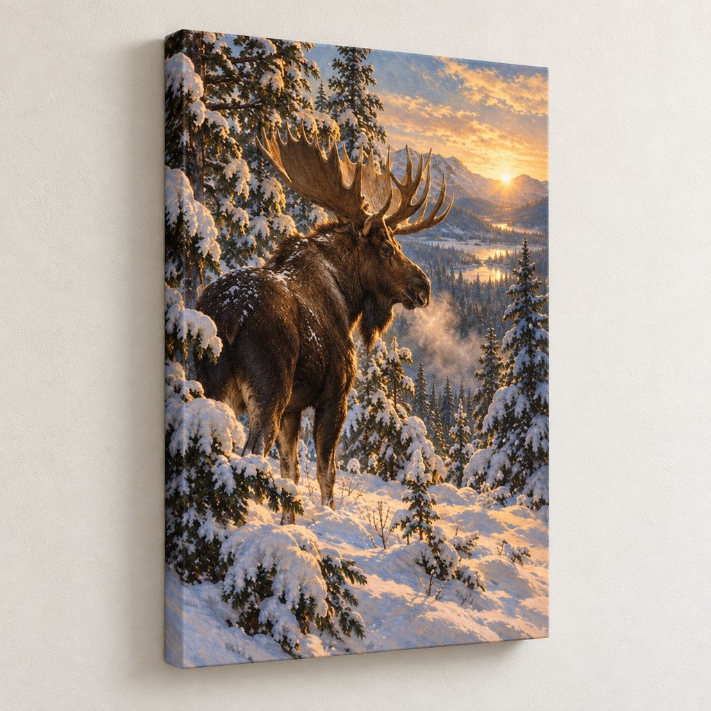 Moose in Snowy Pines Christmas Wall Art — gallery-wrapped canvas print