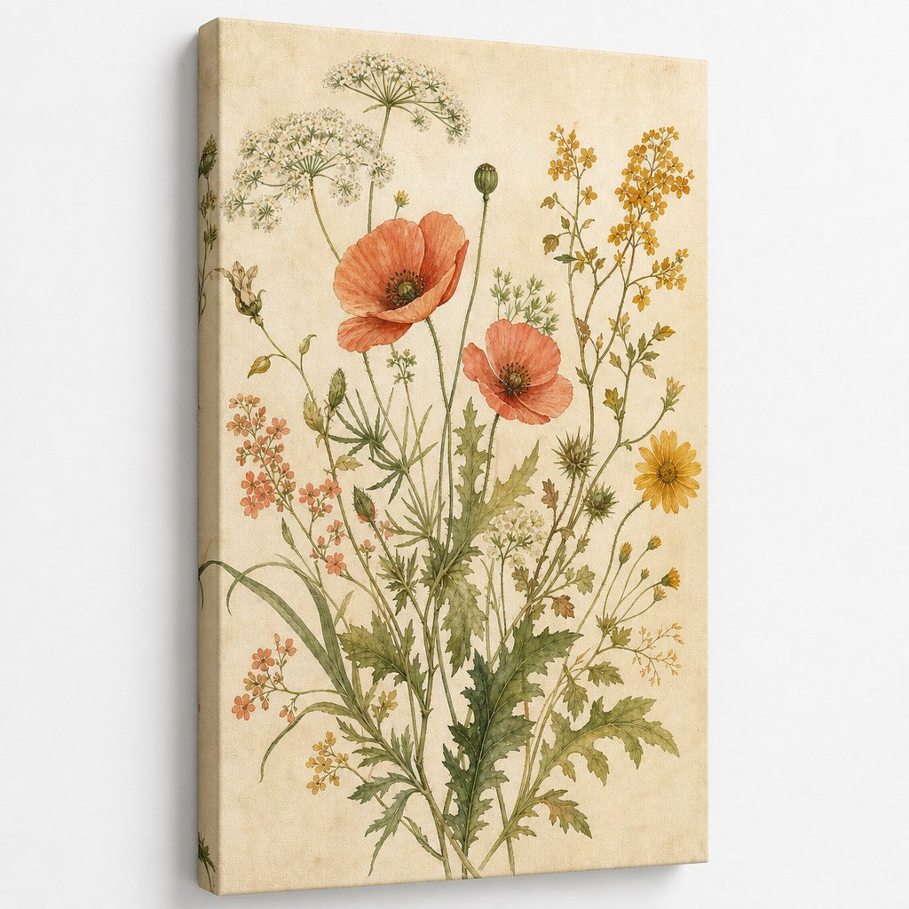 Vintage Wildflower Botanical Wall Art - unframed gallery-wrapped canvas shown at an angle revealing the wrapped edge
