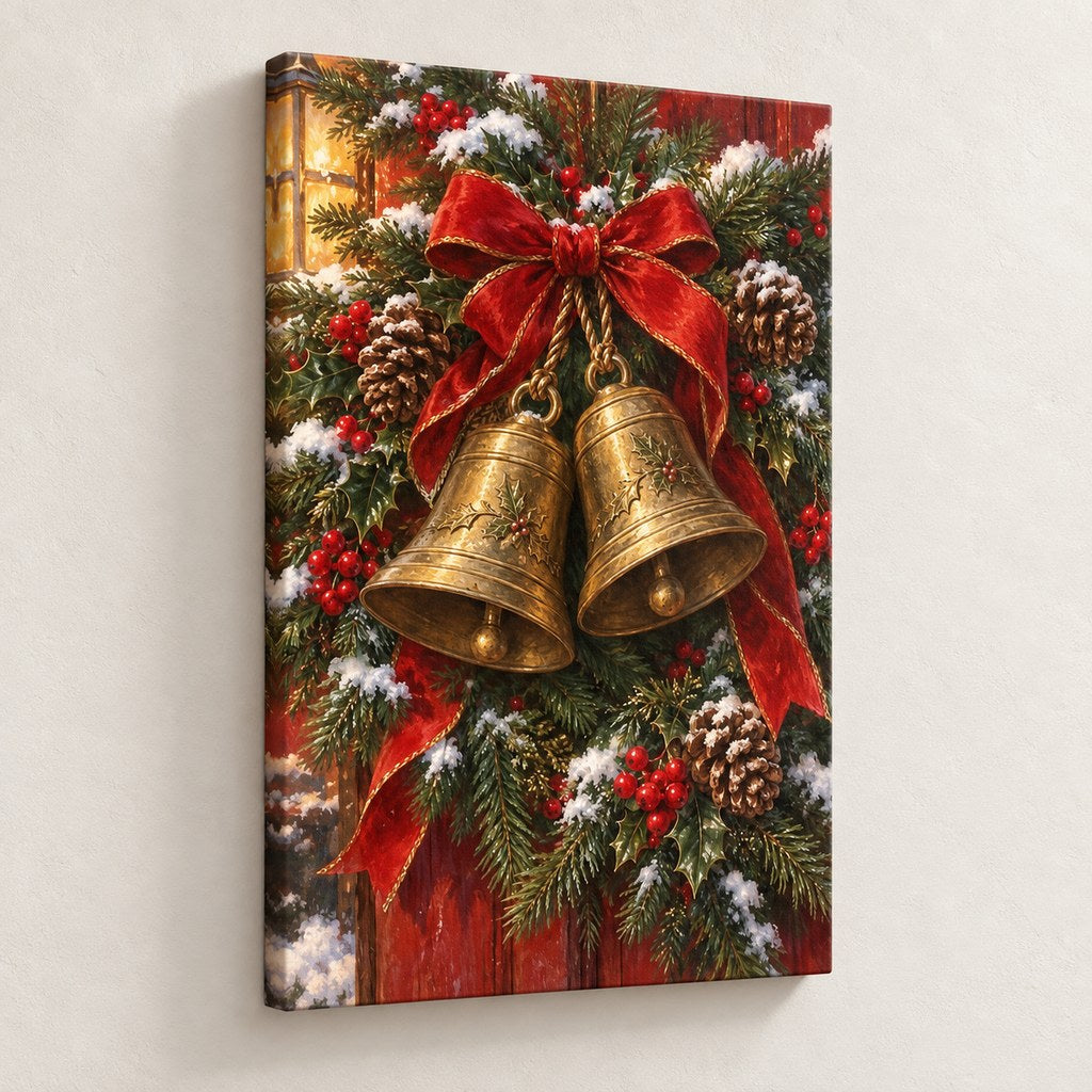 Golden Bells and Evergreen Garland Christmas Wall Art — gallery-wrapped canvas print