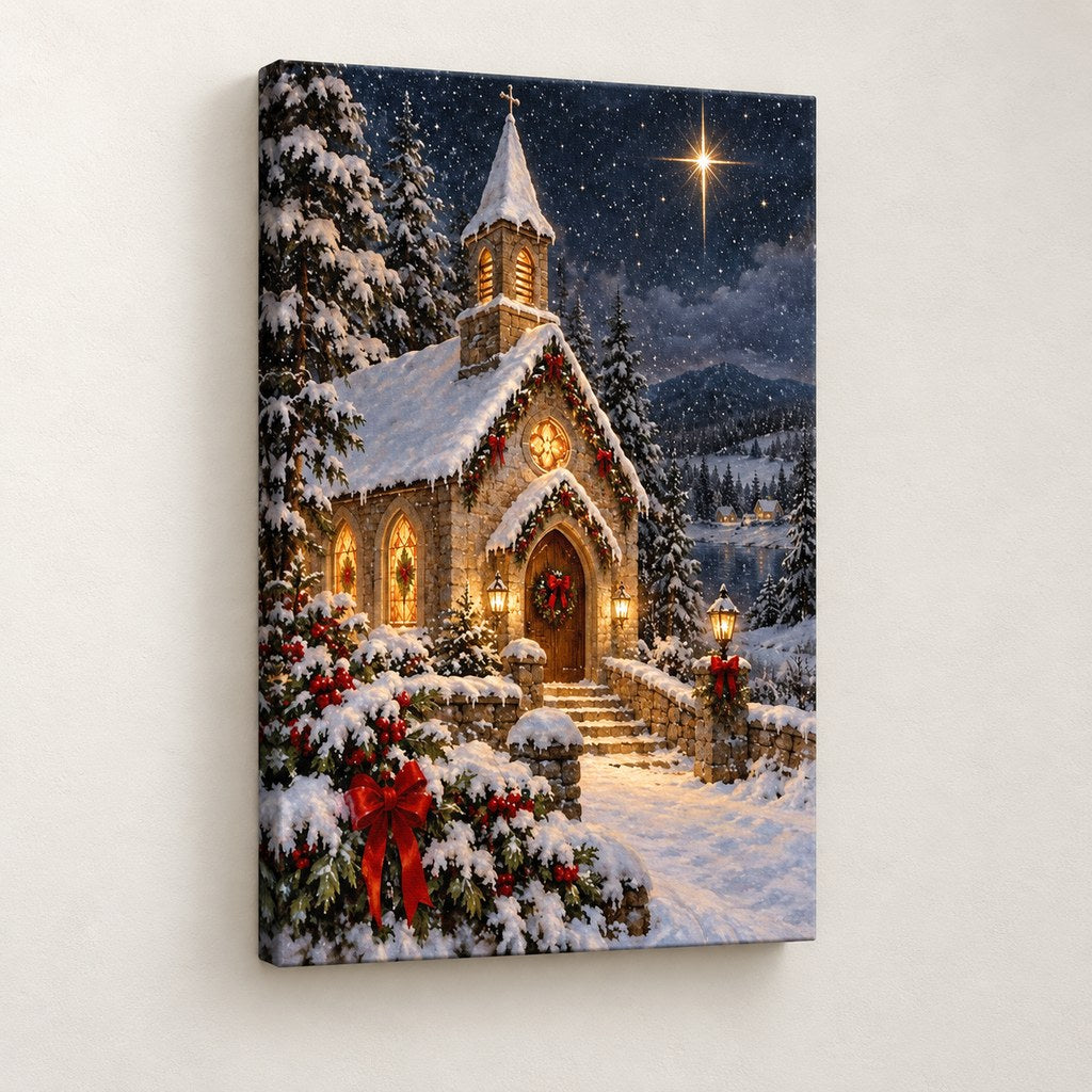 Snowy Chapel and Star Christmas Wall Art — gallery-wrapped canvas print