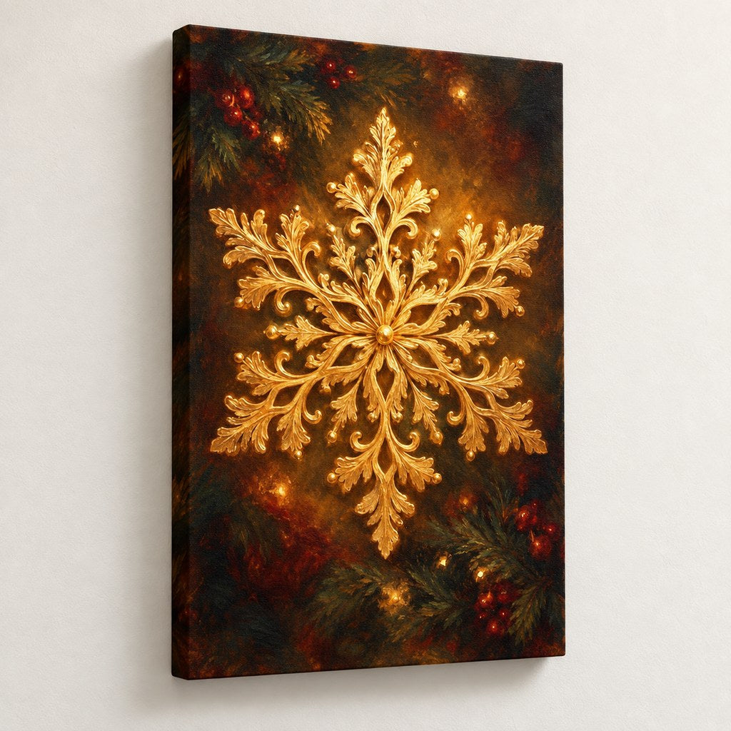 Golden Snowflake Christmas Wall Art — gallery-wrapped canvas print