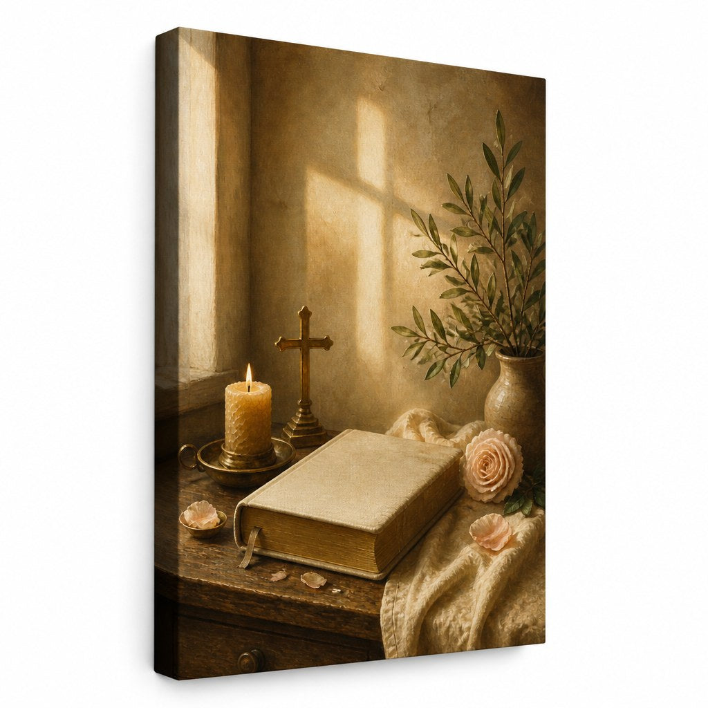 Quiet Devotion Christian Wall Art - unframed gallery-wrapped canvas shown at an angle revealing the wrapped edge