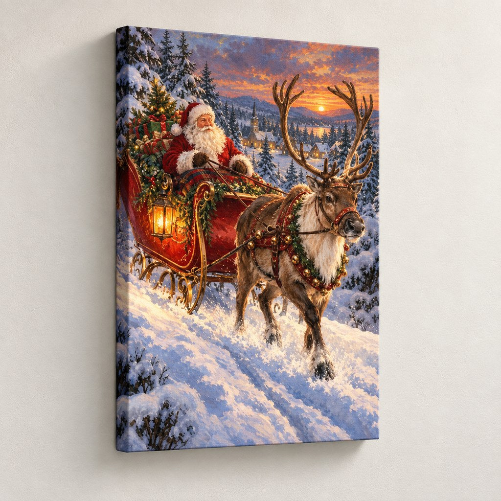 Santa's Sleigh and Reindeer Christmas Wall Art — gallery-wrapped canvas print
