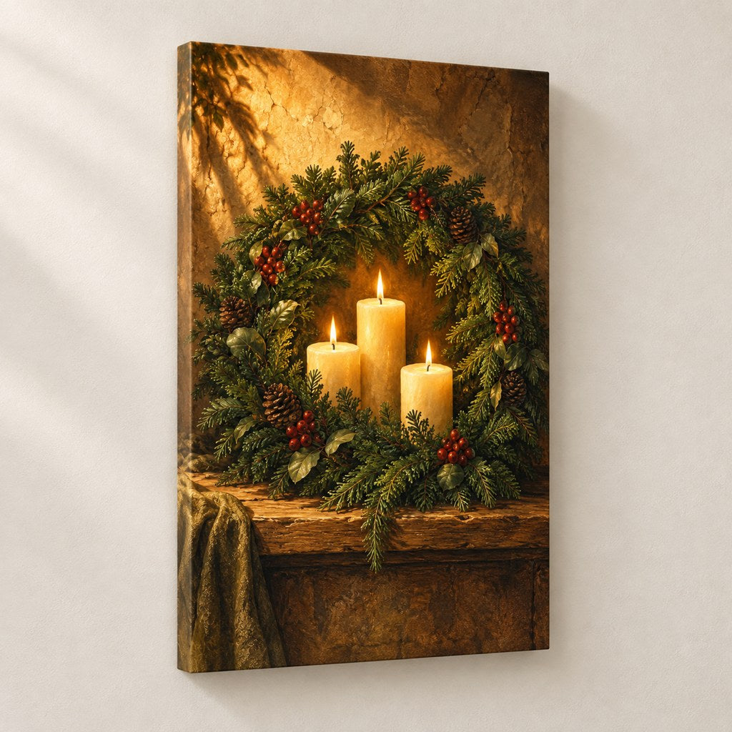 Evergreen Wreath Candlelight Wall Art — gallery-wrapped canvas print