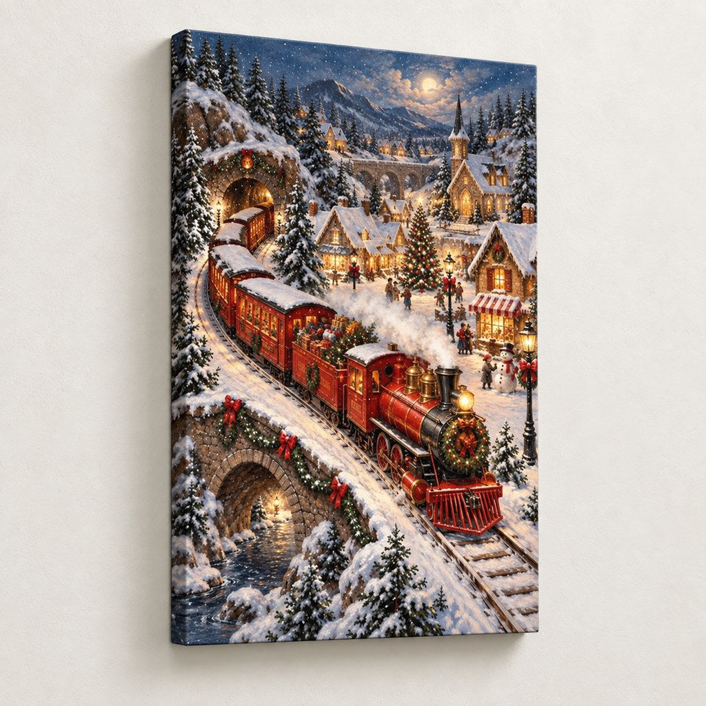 Christmas Train Snowy Village Wall Art — gallery-wrapped canvas print
