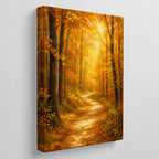 Golden Autumn Forest Path Wall Art - unframed gallery-wrapped canvas shown at an angle revealing the wrapped edge