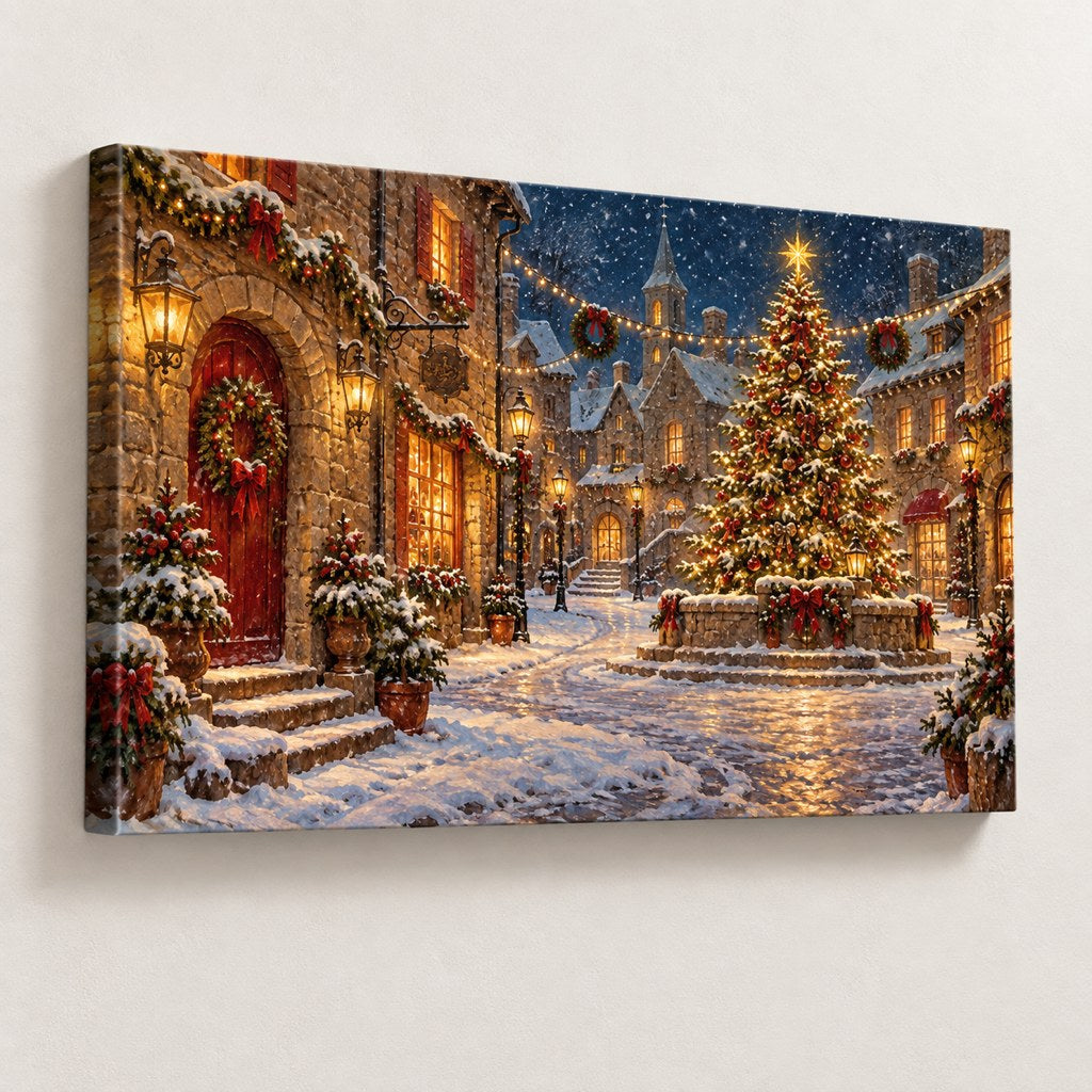 Village Night Landscape Christmas Wall Art — gallery-wrapped canvas print