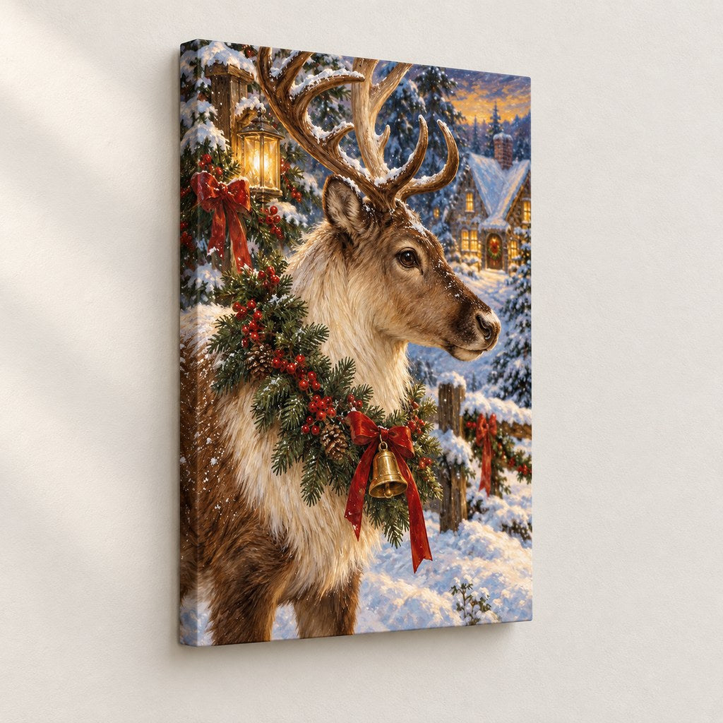 Reindeer with Wreath Christmas Wall Art — gallery-wrapped canvas print