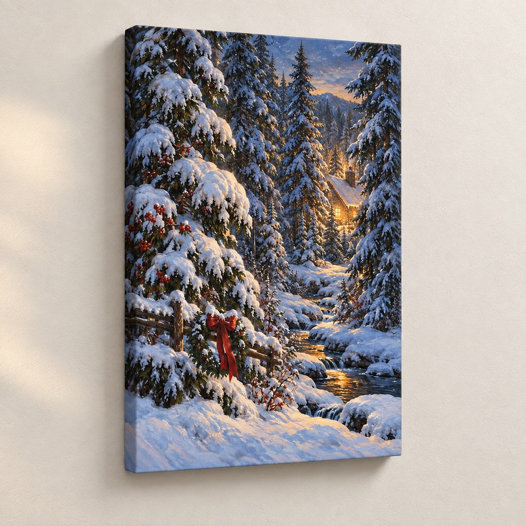 Snowy Pines and Warm Window Christmas Wall Art — gallery-wrapped canvas print