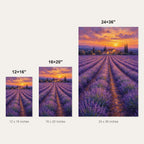 Lavender field at dusk wall art - size comparison of the 12x16, 16x20 and 24x36 inch options shown to scale
