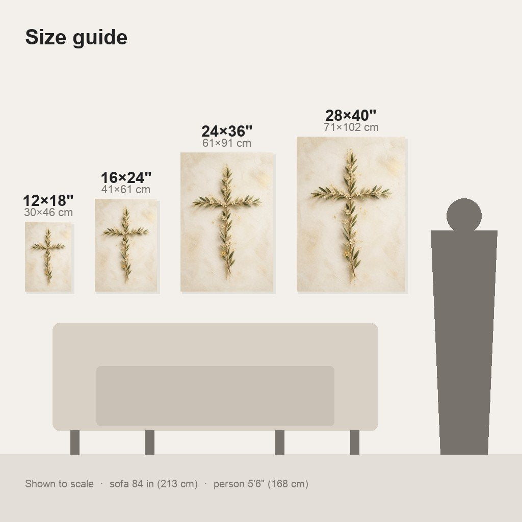 The Quiet Cross, Personalized — size comparison of the 12x18, 16x24, 24x36 and 28x40 inch options shown to scale