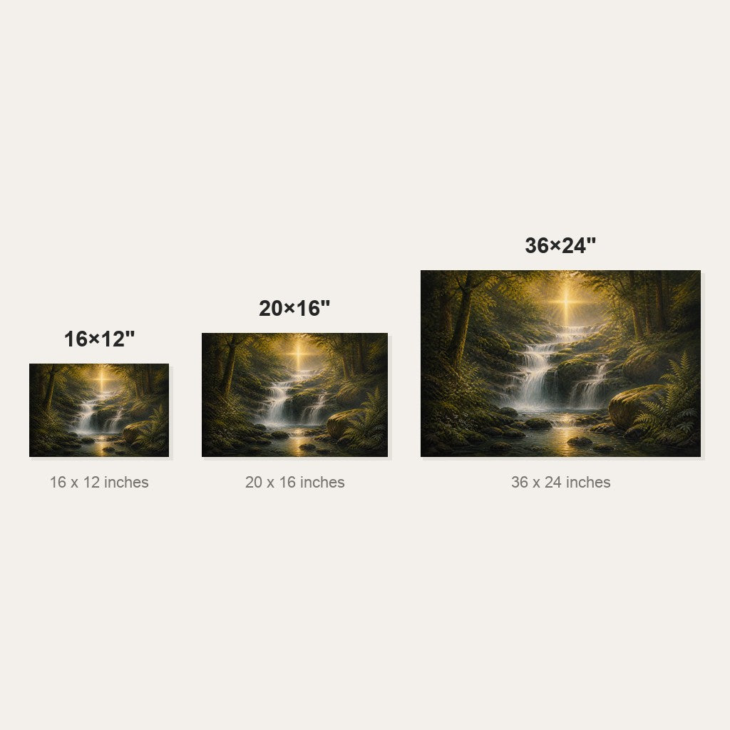 Living Water Christian Wall Art - size comparison of the 16x12, 20x16 and 36x24 inch options shown to scale