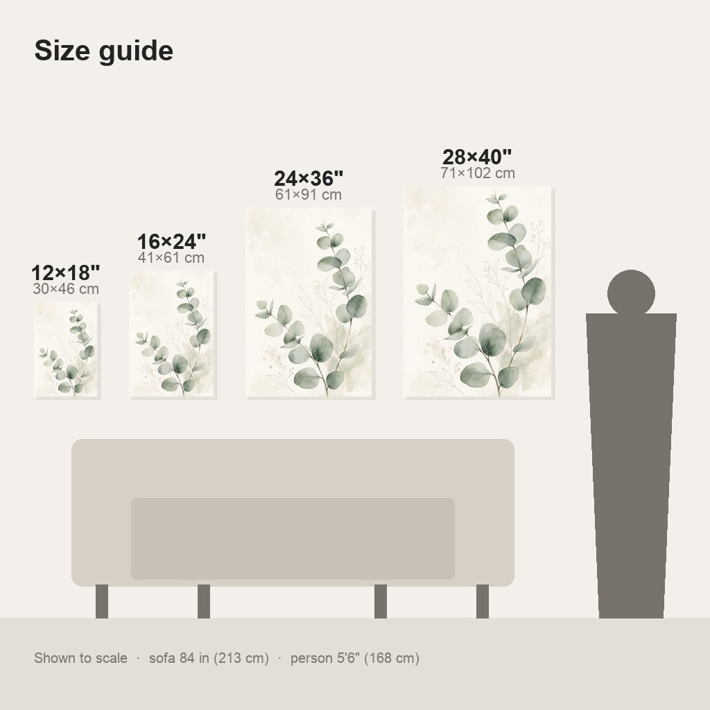 Minimalist Eucalyptus Wall Art - size comparison of the 12x18, 16x24, 24x36 and 28x40 inch options shown to scale