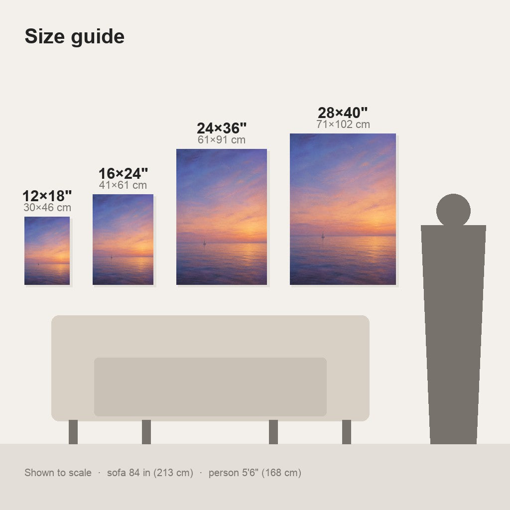 Coastal Sunset Ocean Wall Art - size comparison of the 12x18, 16x24, 24x36 and 28x40 inch options shown to scale