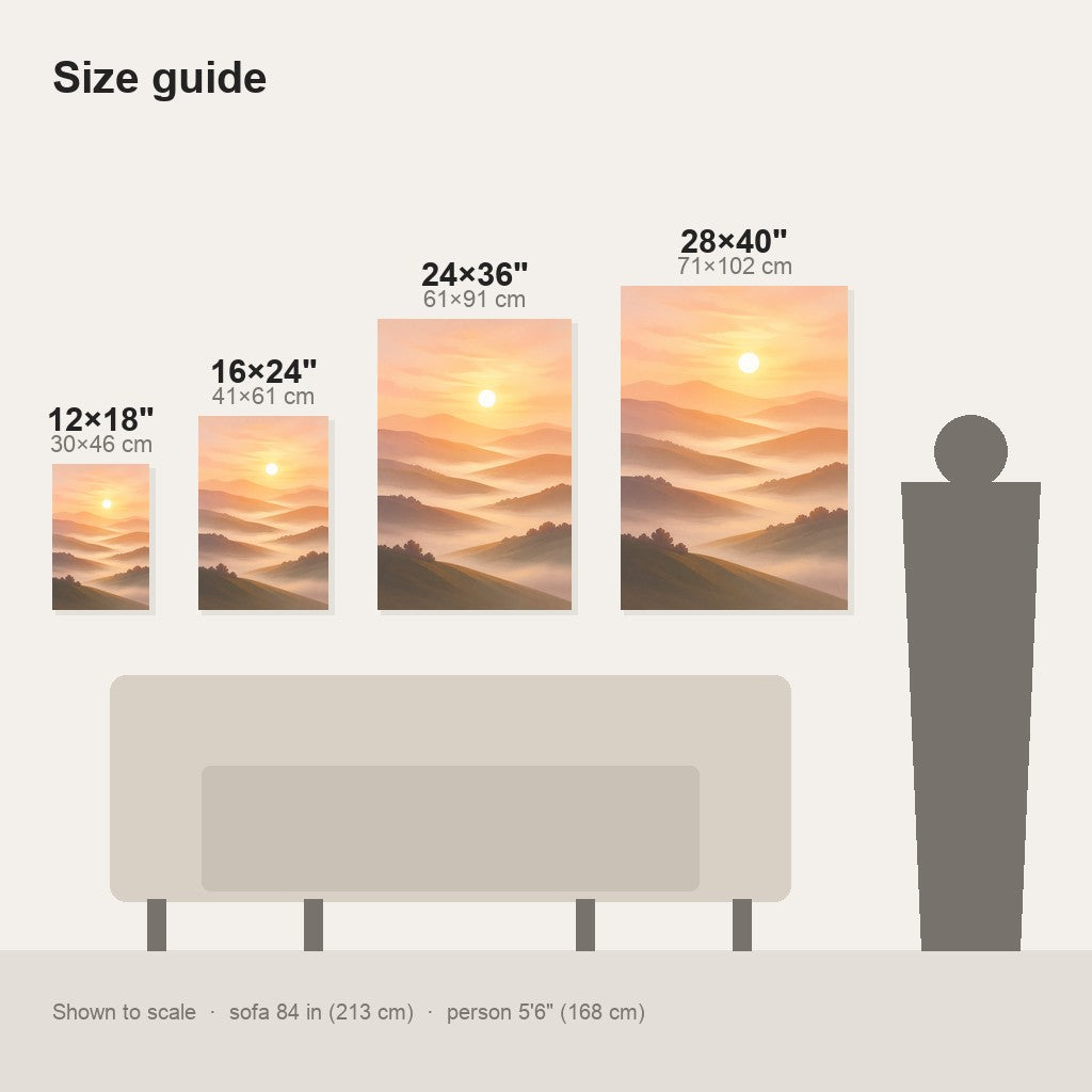 Sunrise Over Hills Minimalist Wall Art - size comparison of the 12x18, 16x24, 24x36 and 28x40 inch options shown to scale