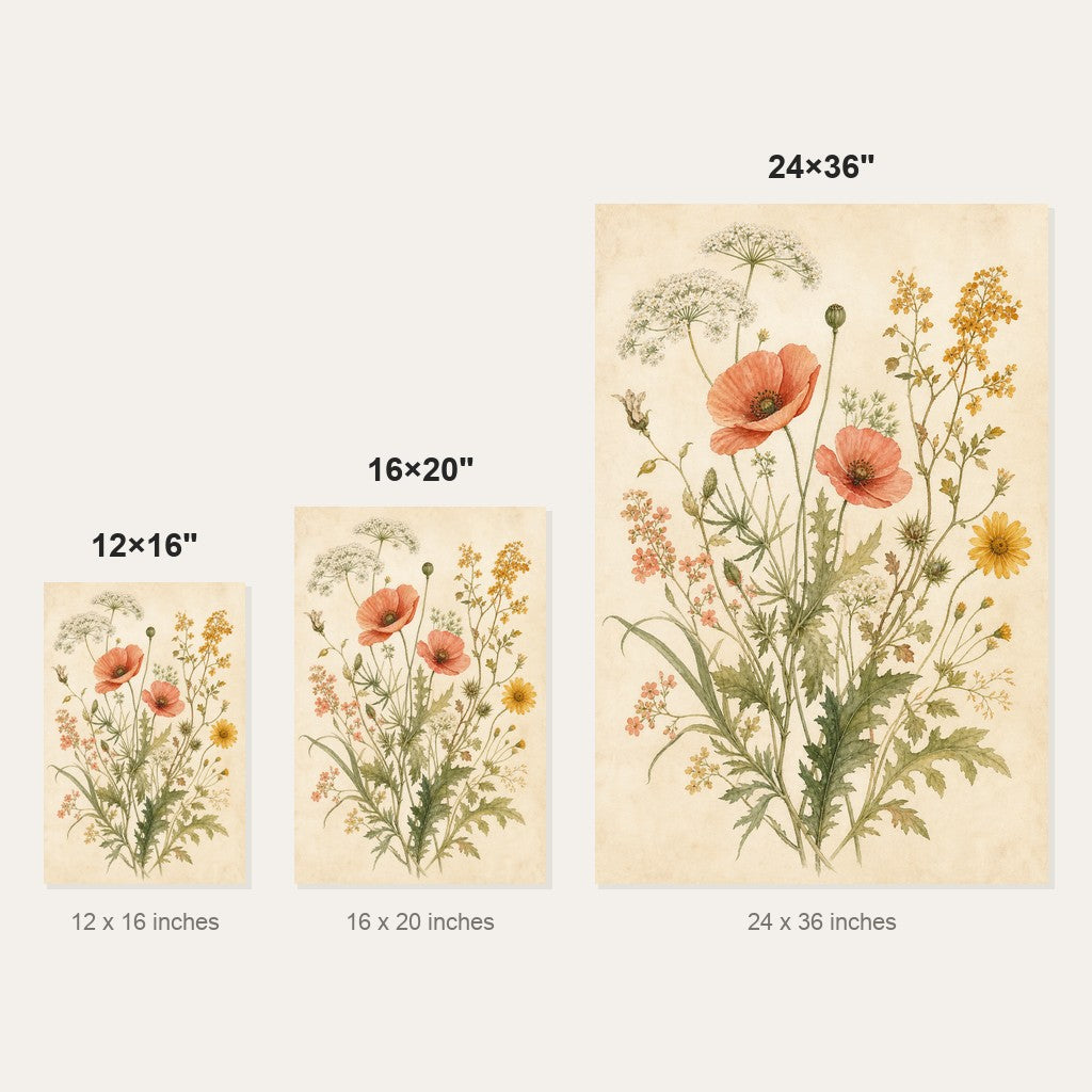 Vintage Wildflower Botanical Wall Art - size comparison of the 12x16, 16x20 and 24x36 inch options shown to scale