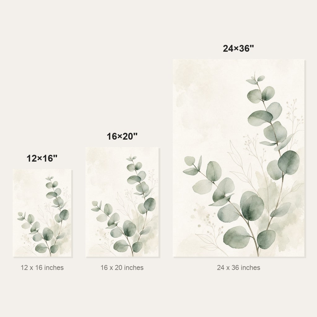 Minimalist Eucalyptus Wall Art - size comparison of the 12x16, 16x20 and 24x36 inch options shown to scale