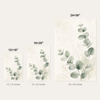 Minimalist Eucalyptus Wall Art - size comparison of the 12x16, 16x20 and 24x36 inch options shown to scale
