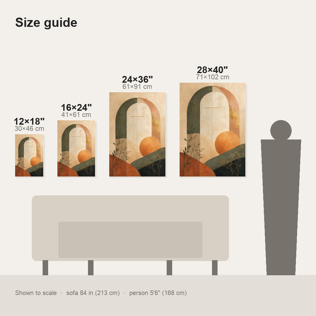 Modern Sanctuary Christian Wall Art - size comparison of the 12x18, 16x24, 24x36 and 28x40 inch options shown to scale