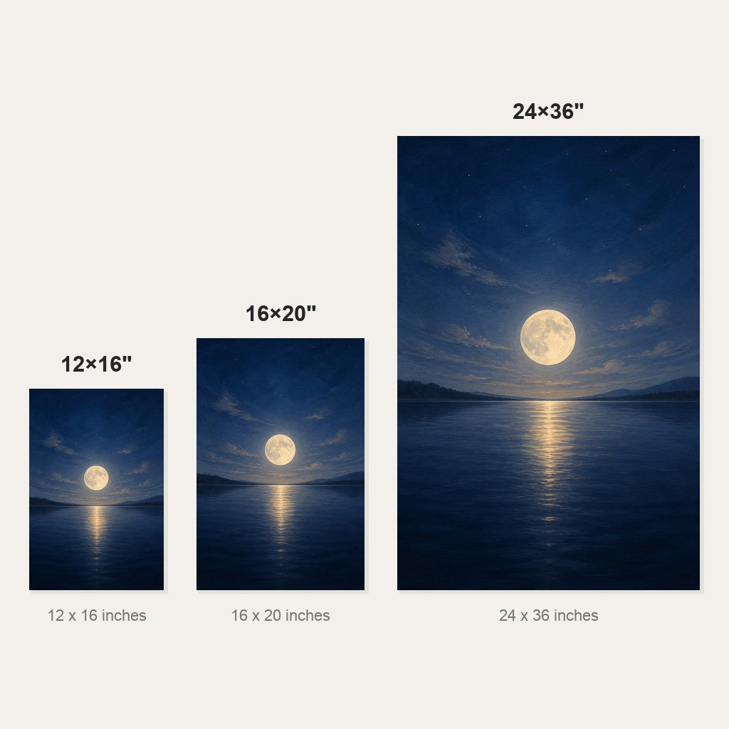 Moonlit Lake Bedroom Wall Art - size comparison of the 12x16, 16x20 and 24x36 inch options shown to scale