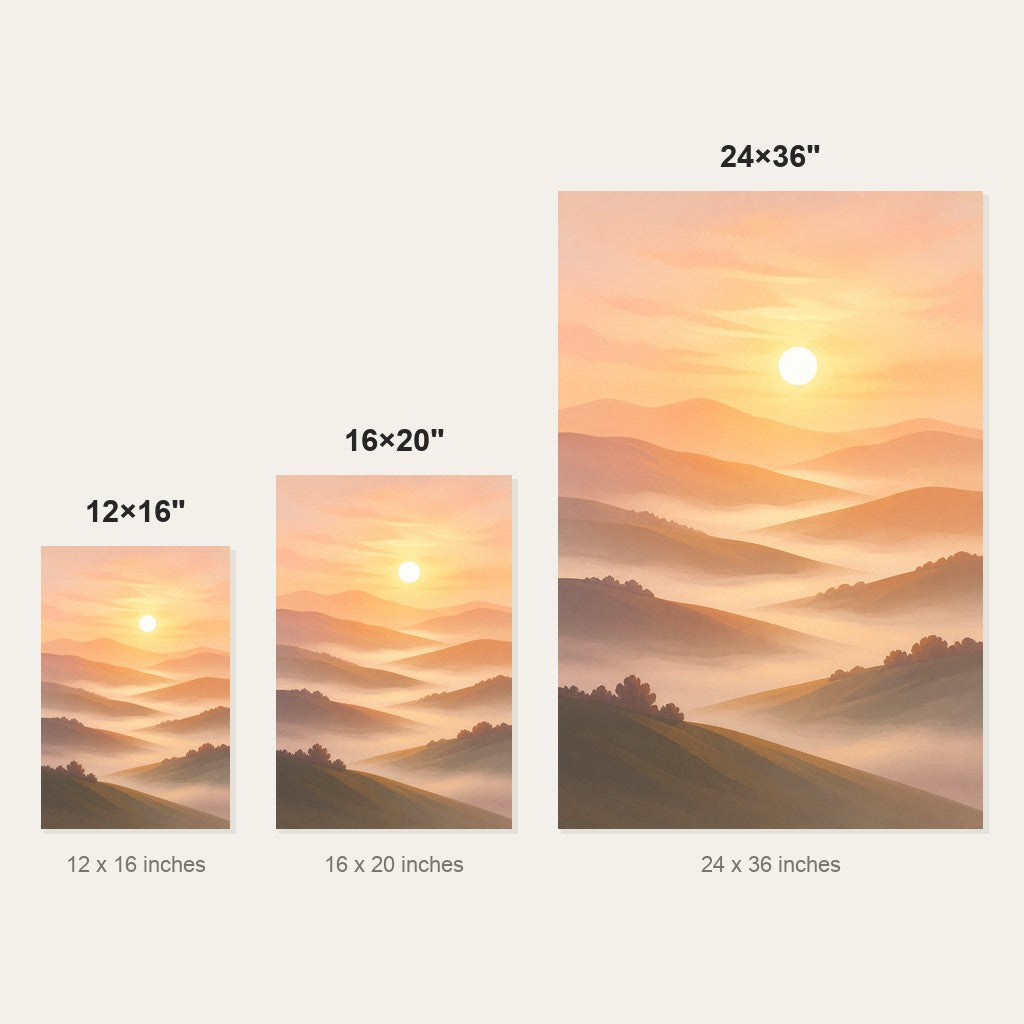 Sunrise Over Hills Minimalist Wall Art - size comparison of the 12x16, 16x20 and 24x36 inch options shown to scale