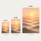 Sunrise Over Hills Minimalist Wall Art - size comparison of the 12x16, 16x20 and 24x36 inch options shown to scale