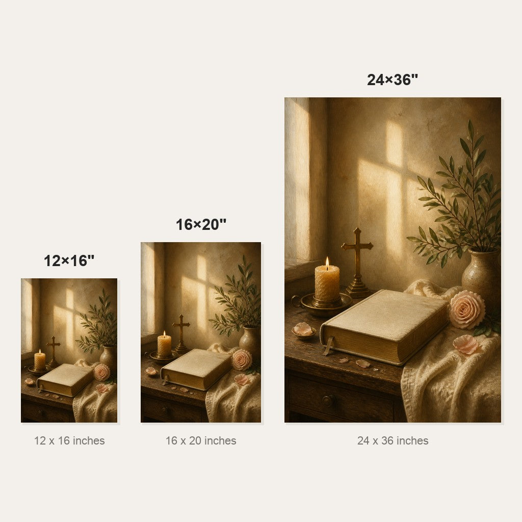 Quiet Devotion Christian Wall Art - size comparison of the 12x16, 16x20 and 24x36 inch options shown to scale