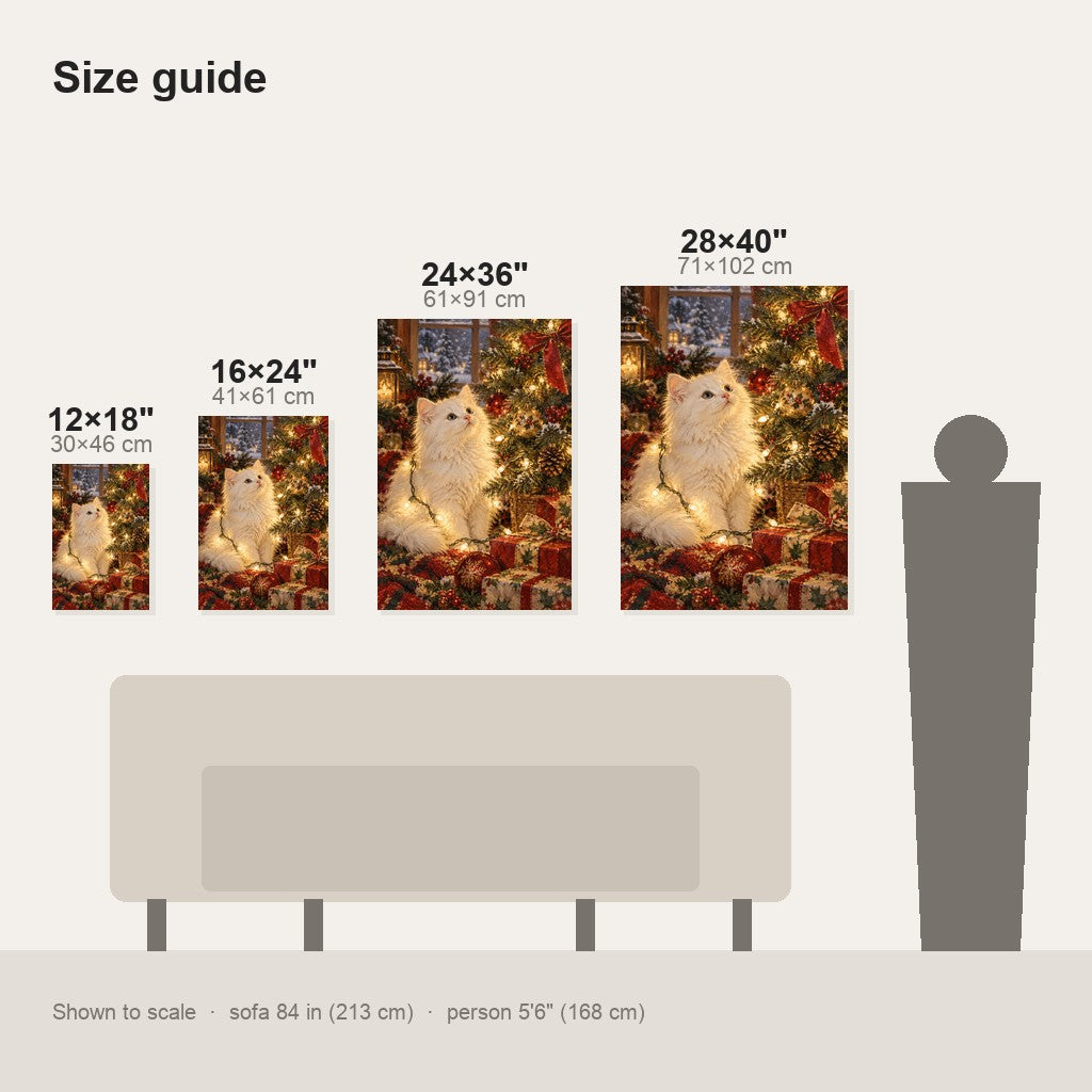 White Cat and Christmas Lights Wall Art