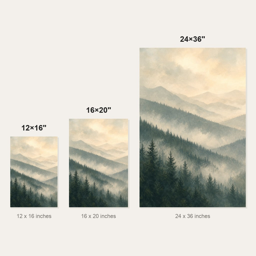 Misty Forest Ridges Landscape Wall Art - size comparison of the 12x16, 16x20 and 24x36 inch options shown to scale