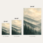 Misty Forest Ridges Landscape Wall Art - size comparison of the 12x16, 16x20 and 24x36 inch options shown to scale