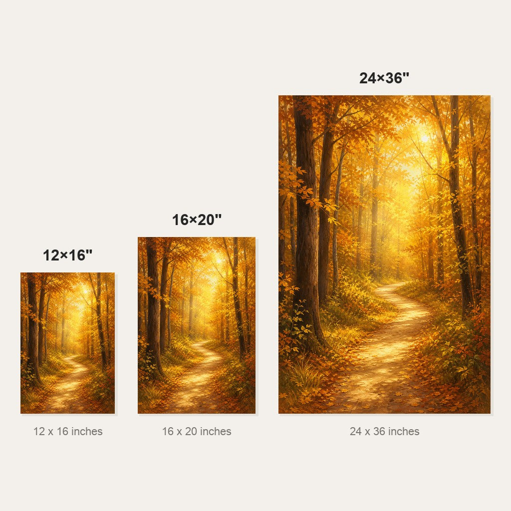 Golden Autumn Forest Path Wall Art - size comparison of the 12x16, 16x20 and 24x36 inch options shown to scale
