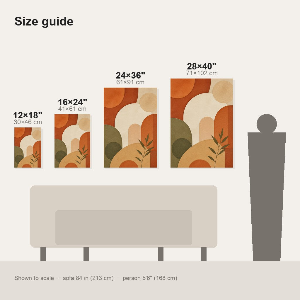 Terracotta Arches Boho Abstract Wall Art - size comparison of the 12x18, 16x24, 24x36 and 28x40 inch options shown to scale