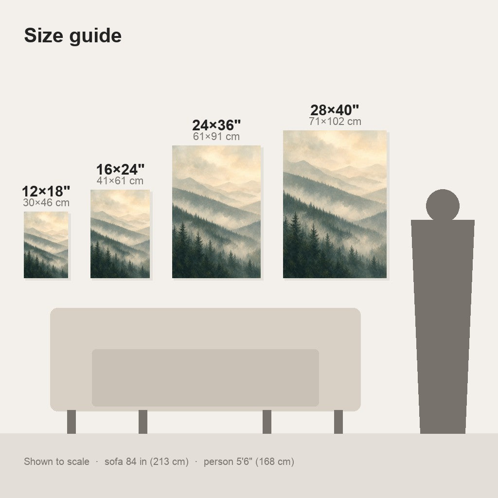 Misty Forest Ridges Landscape Wall Art - size comparison of the 12x18, 16x24, 24x36 and 28x40 inch options shown to scale
